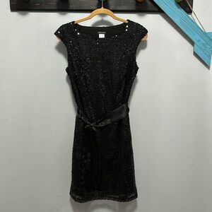 Venus stretchy black sequin dress size 8 small cap sleeve scoop neck satin tie